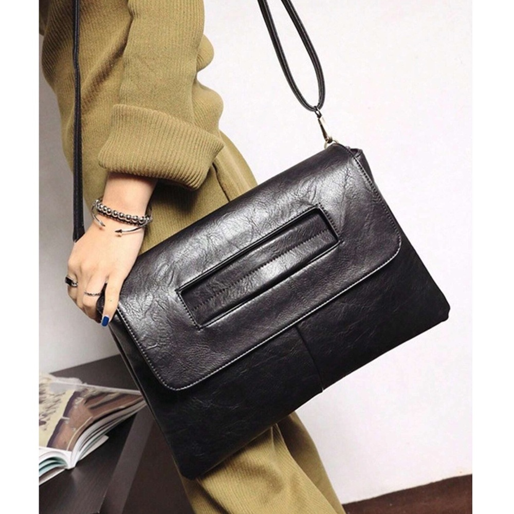 Luxe Black Vegan Leather Clutch Shoulder Crossbody Bag - Picture 2 of 6